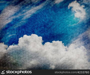 Retro style cloudscape with vintage colors and a textured paper background.