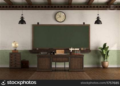 Retro style empty classroom with teacher&rsquo;s desk and blackboard hanging on an old wall - 3d rendering. Retro style empty classroom with blackboard and desk teacher&rsquo;s desk