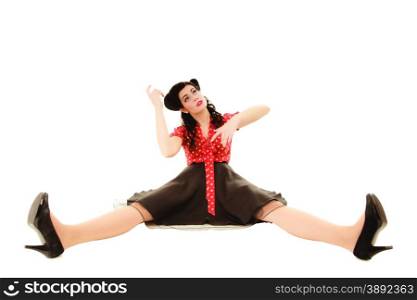 Retro style. Full length of young woman pinup girl stylized like marionette puppet isolated on white.