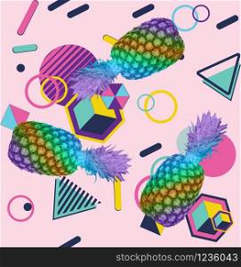 Retro style geometric patterns with pineapple colorful background.