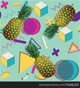 Retro style geometric patterns with pineapple colorful background.