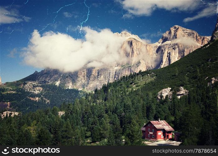 Retro style image of Alpine landscape, Italian Dolomites