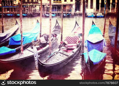 Retro style image of Venice seafront with gondolas on the waves. Venice, Italy
