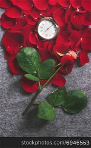Retro style image with a rose with one petal on its stem and an old pocket watch surrounded by red rose petals, on a grey fabric background.