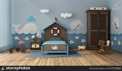 Retro style kids room in marine style with single bed and toys - 3d rendering. Retro style kids room in marine style with toys