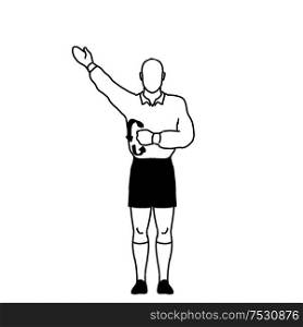 Retro style line drawing illustration showing a rugby referee with penalty not releasing the ball when tackled hand signal on isolated background in black and white.. Rugby Referee penalty not releasing the ball when tackled Signal Drawing Retro