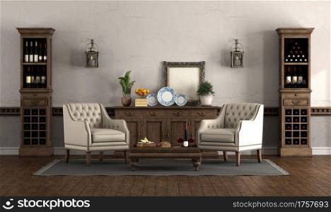 Retro style living room with armchairs and two wine cabinets against old wall - 3d rendering. Retro style living room with armchairs and wine cabinets