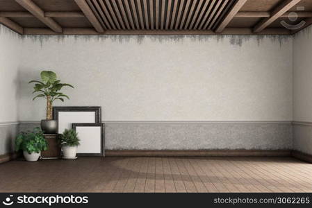 Retro style living room with houseplants and picture frame on hardwood floor - 3d rendering. Empty retro style living room