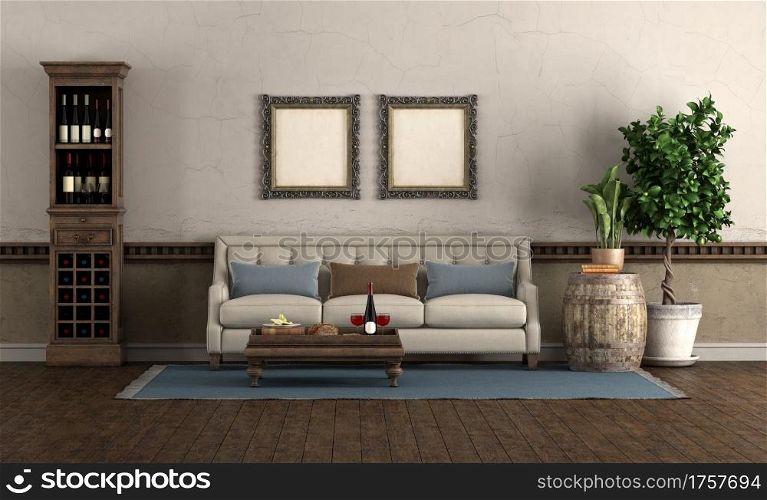 Retro style living room with sofa, wine cabinet and old barrel - 3d rendering. Retro style living room with sofa and wine cabinet