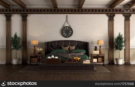 Retro style master bedroom with leather double bed,wooden columns and roof beams - 3d rendering. Retro style master bedroom with leather double bed