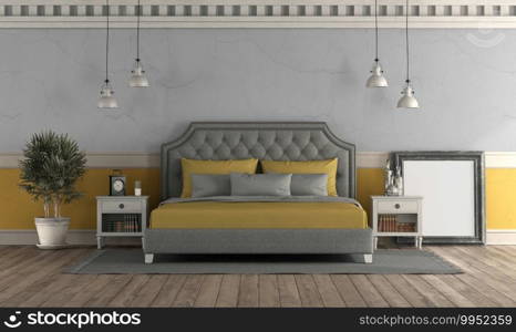 Retro style master bedroom with old wall and classic double bed - 3d rendering. Gray and yellow master bedroom in retro style