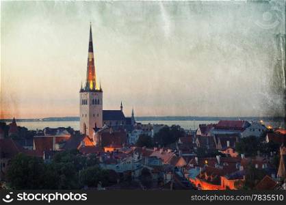 Retro style panoramic view of Tallinn old city center. Estonia
