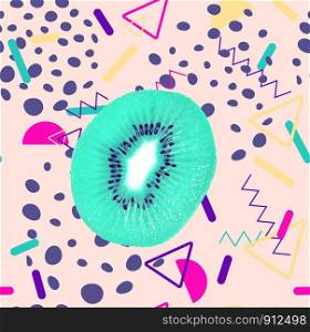 Retro style patterns with kiwi slice and colorful geometric elements design.