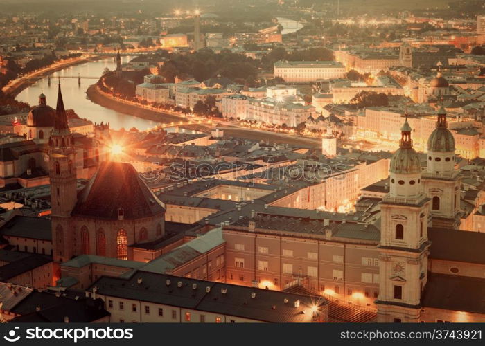 Retro style photo of Salzburg at night. Austria