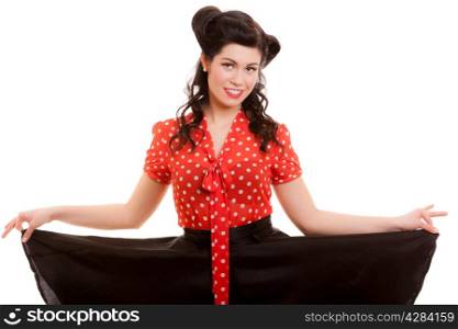 Retro style. Pin-up Girl in red blouse and black skirt. Old-fashioned young woman isolated. Female beauty and fashion.