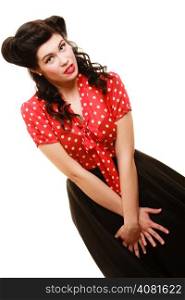 Retro style. Portrait of stylish young woman isolated on white. Face of brunette girl with pinup hairstyle and makeup.