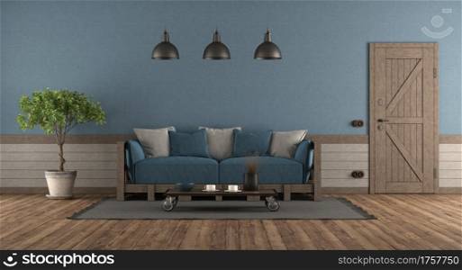 Retro style room with front door , wooden sofa with blue and gray cushions - 3d rendering. Retro style room with front door and wooden sofa