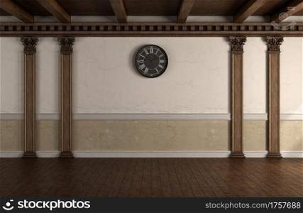 Retro style room with old wall, wooden columns and roof beams - 3d rendering. Retro style room with wooden columns and roof beams