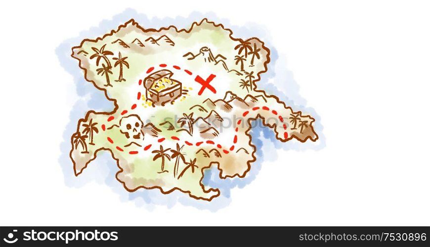 Retro style sketch drawing of a vintage fantasy treasure map of an island showing x mark the spot on isolated white background.. Treasure map of an island showing x mark the spot Drawing Retro