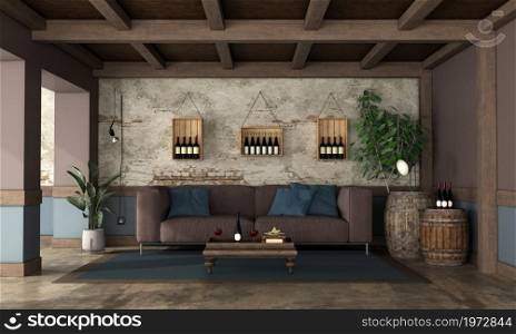 Retro style wine cellar with modern sofa against old wall - 3d rendering. Old wine cellar with moder sofa