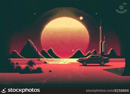 Retro styled sci-fi landscape with mountains. Retro futuristic science fiction illustration in drawing style with alien sun. Generated AI. Retro styled sci-fi landscape with mountains. Retro futuristic science fiction illustration in drawing style with alien sun. Generated AI.