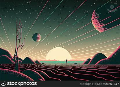 Retro styled sci-fi landscape with mountains. Retro futuristic science fiction illustration in drawing style with alien sun. Generated AI. Retro styled sci-fi landscape with mountains. Retro futuristic science fiction illustration in drawing style with alien sun. Generated AI.