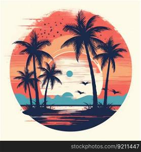 Retro Sunset Beach Design with Palm Trees Logo. Generative ai. High quality illustration. Retro Sunset Beach Design with Palm Trees Logo. Generative ai