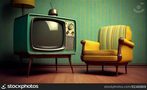 Retro television from the fifties, old fashioned vintage room with armchair, generative AI art. Retro television from the fifties, old fashioned vintage room with armchair, generative AI
