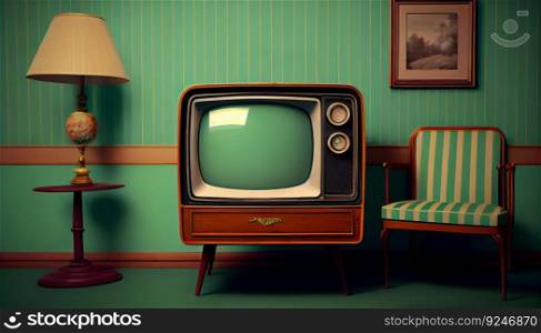 Retro television from the fifties, old fashioned vintage room with armchair, generative AI art. Retro television from the fifties, old fashioned vintage room with armchair, generative AI