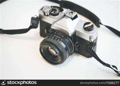 Retro vintage photography camera, white background