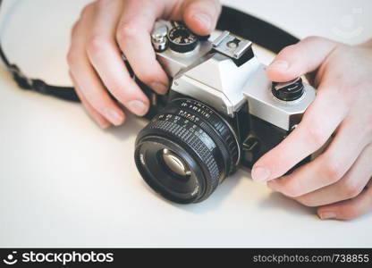 Retro vintage photography camera, white background