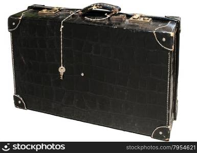 Retro vintage used suitcase of black patent leather isolated on white background