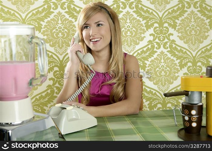 Retro vintage woman kitchen talking phone coffee cup wallpaper