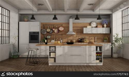 Retro white kitchen in a loft with island and barstool - 3d rendering. Retro white kitchen in a loft