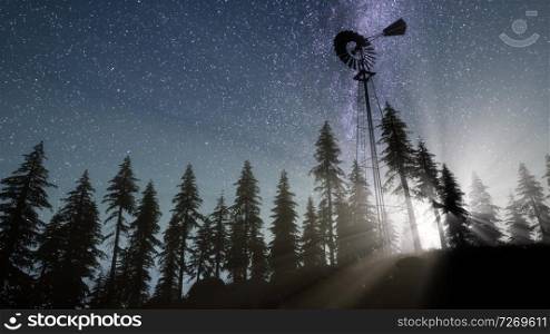 retro windmill in mountain forest with stars. hyperlapse