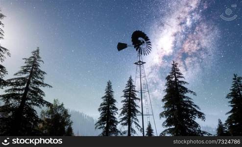 retro windmill in mountain forest with stars. hyperlapse