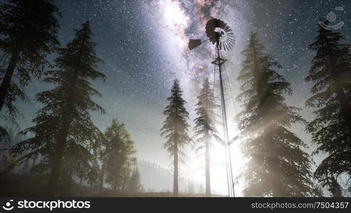 retro windmill in mountain forest with stars. hyperlapse