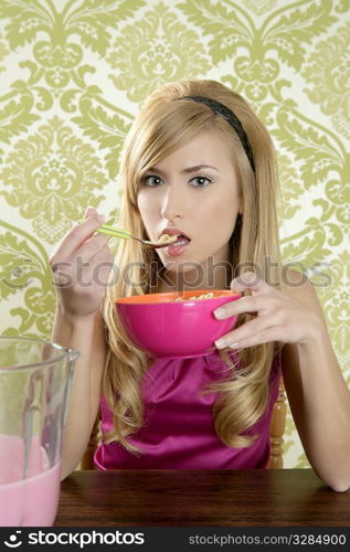 Retro woman breakfast eating corn flakes wallpaper background