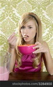 Retro woman breakfast eating corn flakes wallpaper background
