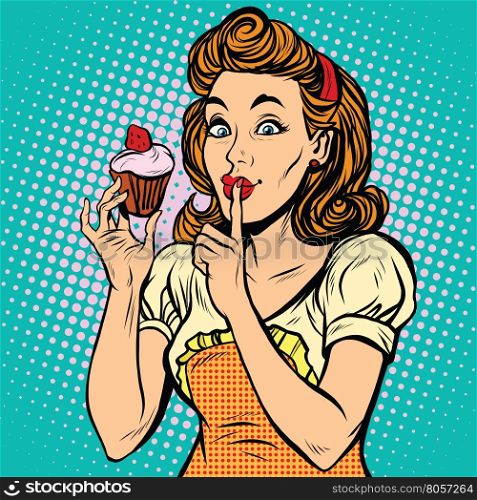 Retro woman with cupcake pop art comic drawing illustration. Diet and delicious muffin. Food and cooking. Retro woman with cupcake