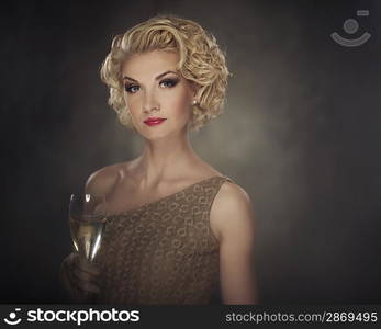 Retro woman with glass of champagne