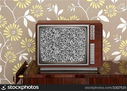 retro wooden tv on wooden vitage 60s furniture floral wallpaper
