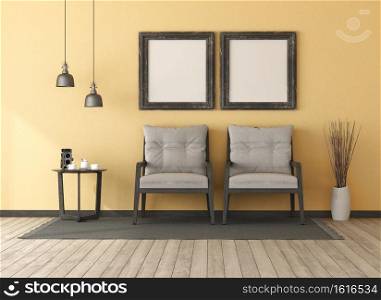 Retro yellow living room with two wooden armchairs.coffee table and blank picture frame - 3d rendering. Two wooden armchairs in a yellow room
