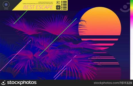 Retrowave beach sunset and neon violet tropical palm background template - Japanese word &rsquo;Wa&rsquo; means peace or harmony