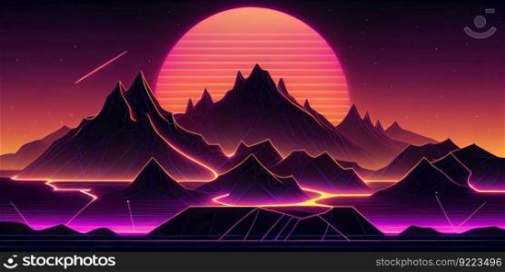 Retrowave futuristic neon mountain and sunset background illustration. AI generative.