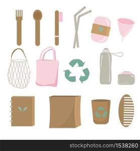 Reuse elements zero waste household items icon set vector graphic illustration. Concept of refuse plastic, eco lifestyle and go green isolated on white background. Reuse elements zero waste household items icon set vector graphic illustration