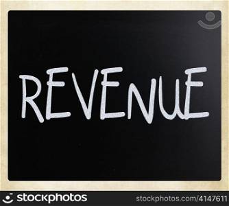 ""Revenue" handwritten with white chalk on a blackboard"