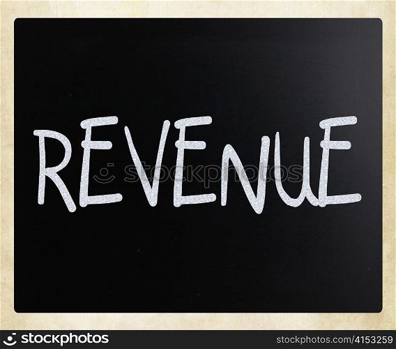 ""Revenue" handwritten with white chalk on a blackboard"