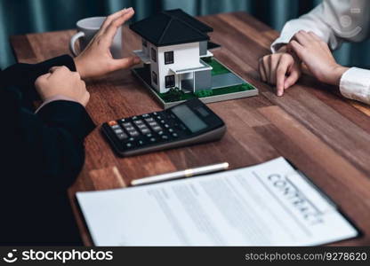 Reviewing house loan contract with agent. Analyzing financial documents and tax rates with calculator for ownership of property. Key signature for new home purchase and financing. Enthusiastic. Reviewing house loan contract with agent using calculator. Enthusiastic