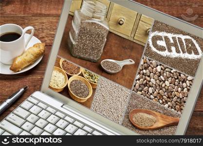 reviewing pictures of healthy chia seeds - image collage on laptop with a cup of coffee